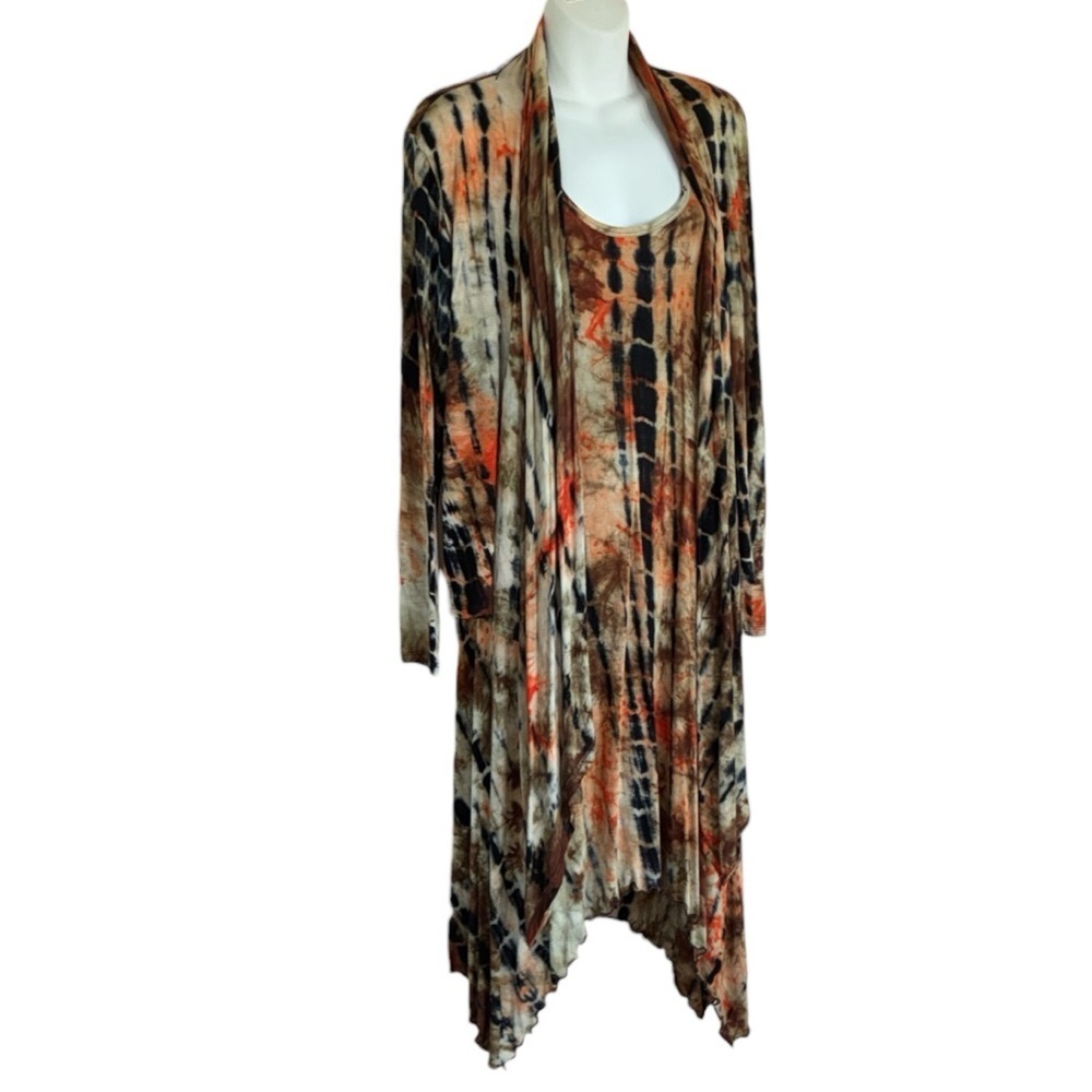 Jostar 2 piece Dress & Jacket Women's L, Tie-Dye Earth Tones Asymmetrical Hem